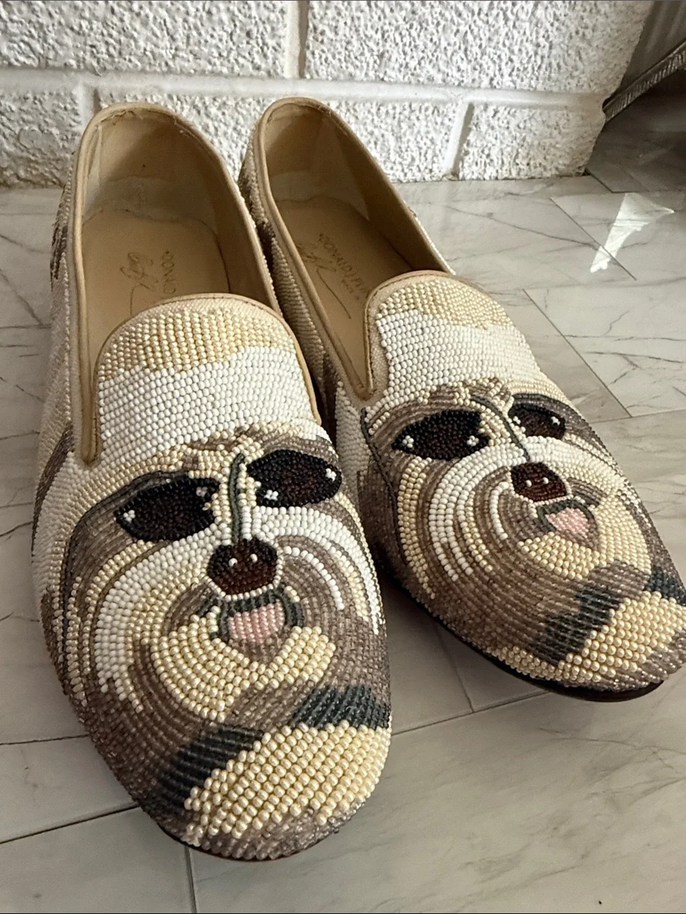 Donald J Pliner Beaded Dog Face Loafers in Beige and Tan